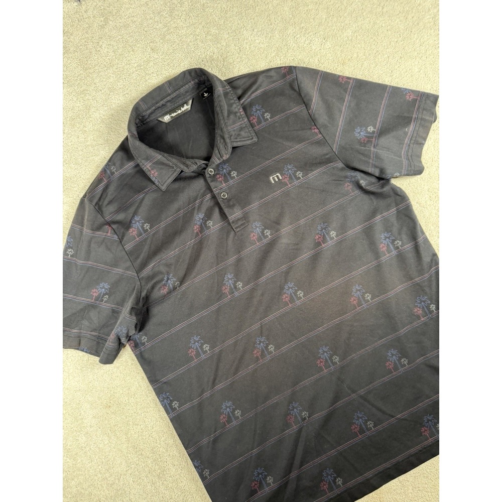 TravisMathew Polo Shirt Mens Large Black Palm Tree Golf Performance Short Sleeve